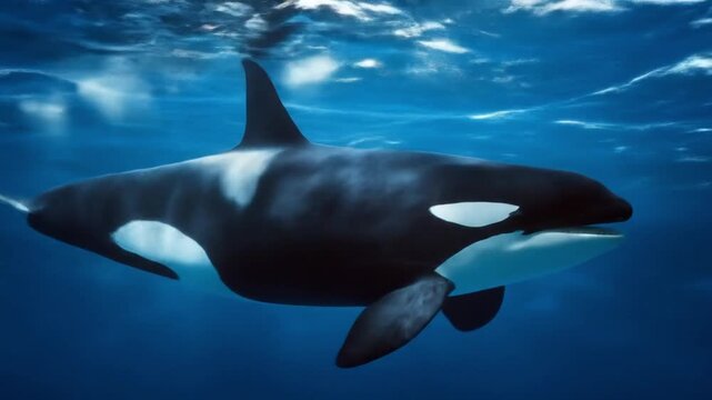 Underwater orca glides through blue ocean, stark black-and-white body, dorsal fin visible from below