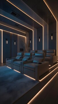 Luxurious Home Theater: A modern home theater design, showcasing a sleek, minimalist aesthetic with tiered seating, ambient lighting, and high-end audio-visual equipment.