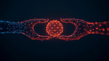 Two stylized hands, one blue and one red, are reaching out toward a glowing geometric sphere, symbolizing connection and technology.