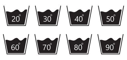 Wash laundry temperature icons isolated set. Vector flat graphic design illustration