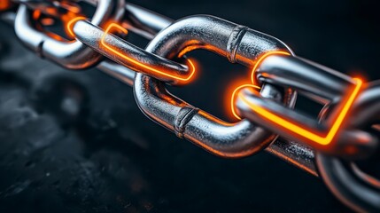 A close-up of a metallic chain link with glowing edges, showcasing a sleek and modern design against a dark background.