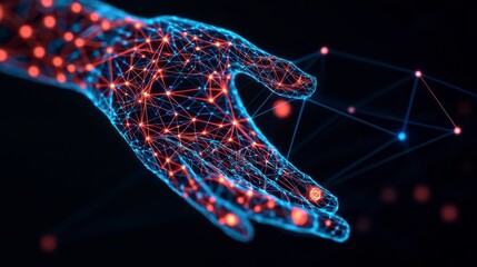 A digital hand composed of interconnected lines and nodes, glowing in blue and red, symbolizes technology and connectivity.
