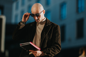 A bald man wearing a brown coat reads a red notebook outdoors while adjusting his sunglasses. He stands in a sunlit urban area, focused on his notes.