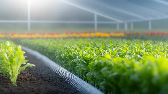 Greenhouse Garden Oasis: Rows of vibrant, leafy greens flourish inside a state-of-the-art greenhouse, illuminated by the soft glow of natural light. Emphasizing sustainable agriculture.