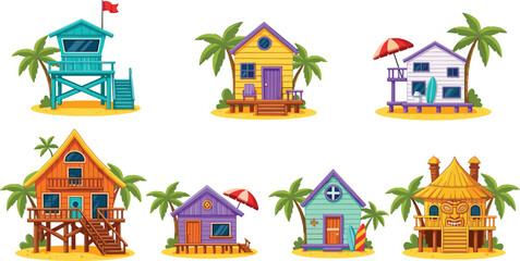 Tropical Beach House and Bungalow Vector Illustration Set; Colorful Resort, Vacation, and Wooden Hut Architecture with Palm Trees and Lifeguard Tower for Travel and Summer.