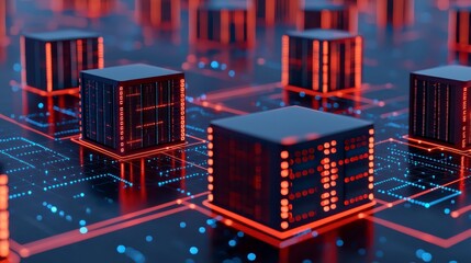 A futuristic digital landscape featuring glowing cubes on a circuit board, symbolizing advanced technology and data processing.