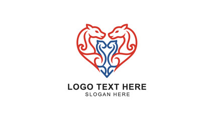 Stylized red and blue horse heads forming a heart shape logo with intricate patterns.