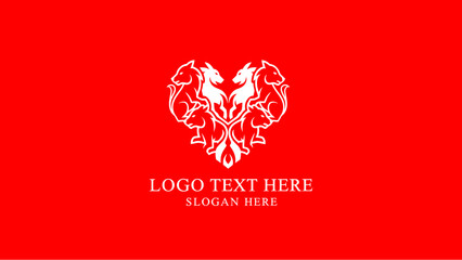 Elegant white heart-shaped logo featuring two facing horses and ornate floral patterns on a vibrant red background, with placeholder text below.