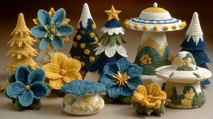 Collection of colorful, handcrafted, decorative Christmas trees and flowers.