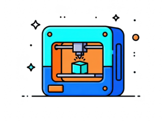 Colorful 3d printer creating a small cube object with sparks around it on transparent background