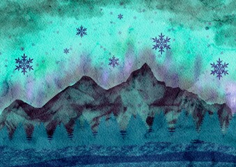 Winter scene with snowflakes trees and mountains in digital art.