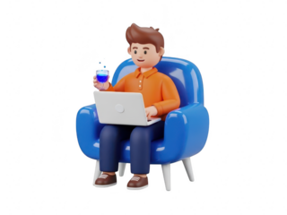 3d cartoon man sitting on blue chair with laptop and drink isolated on transparent background