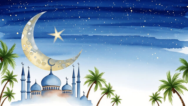 A serene nighttime scene of a mosque under a starry sky with a crescent moon and palm trees, ramadan begins