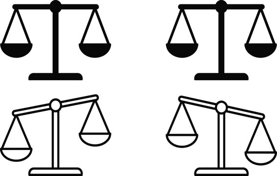Set of justice scale icons featuring balanced and tilted law symbols in outline and solid glyph styles for legal courtroom advocacy