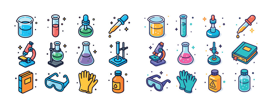 Colorful chemistry equipment icons: beakers, pipettes, microscop