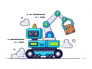 A blue robot with a crane arm lifting a cardboard box on a transparent background with clouds and lines