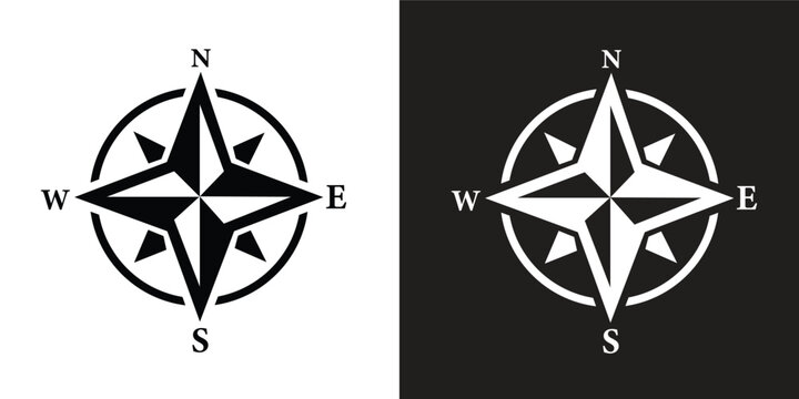 ompass logo. Black compass icons. East, West, North and South