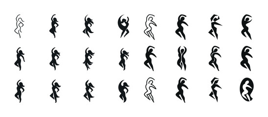 Abstract dance figures in dynamic silhouettes set against a whit