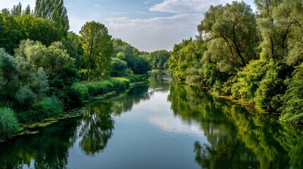 Obraz premium River flowing through lush green forest under a slightly cloudy sky