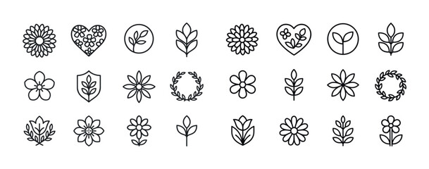 Collection of minimalist black and white floral icons and patter