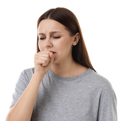 Fototapeta premium Woman coughing on white background. Cold symptom