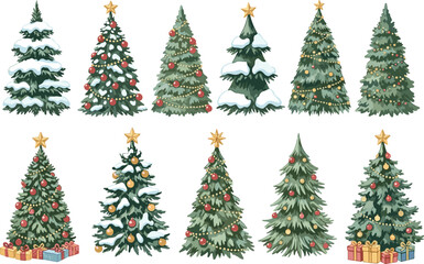 Vector Illustration Set of Decorated Christmas Trees, Featuring Snowy Evergreen Pines, Golden Stars, Red Ornaments, Garlands, and Gift Boxes on White Background,