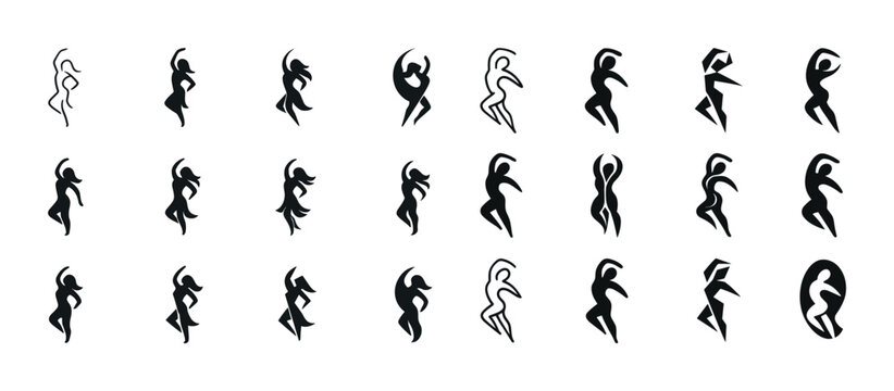 Abstract dance figures in dynamic silhouettes set against a whit