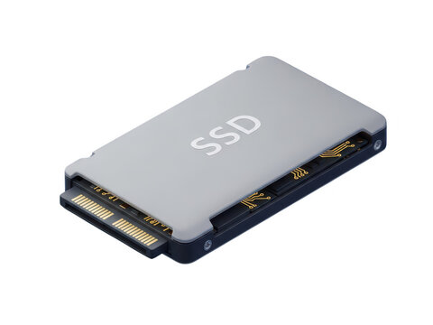 Closeup of a modern ssd storage device with gold connectors on a white surface isolated on transparent background