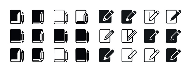 Set of black and white pen and book icons in various styles