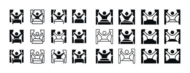 Fototapeta premium Icon set: stick figure exercising in various poses with weights