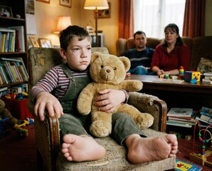 A child with acromegaly syndrome sits in a chair holding a teddy bear. The parents are present in the background creating a family setting in the living room during evening hours.