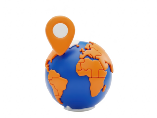 3d illustration of a blue and orange globe with a location pin on top isolated on transparent background