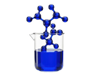 Blue molecular structure model in a beaker filled with liquid on transparent background