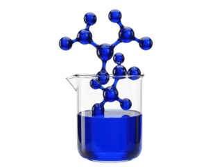 Blue molecular structure model in a beaker filled with liquid on transparent background