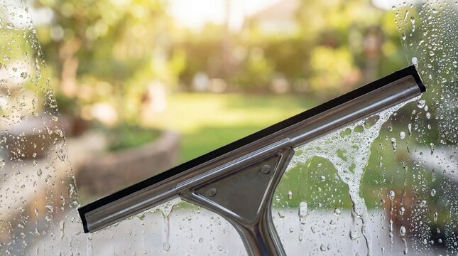 Close up of squeegee removing water from perfectly clear glass window