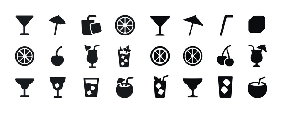 Set of drink icons: cocktails, garnishes, glasses, tropical, ref