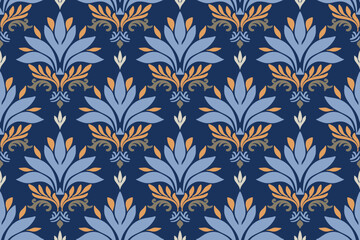 Seamless elegant damask vector pattern with ornamental floral motifs in blue and gold tones, ideal for wallpaper, textile, fabric, packaging, interior design, and luxury background use.