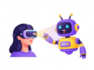 A purple robot showing a woman virtual reality goggles isolated on transparent background with a beam of light