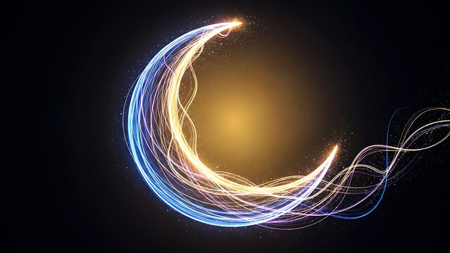 Crescent shaped light form with glowing edges and dna double helix, ramadan begins - Powered by Adobe