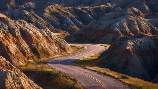 Ultra HD Winding road through dramatic badlands landscape at sunrise or sunset, scenic drive in rugged terrain video