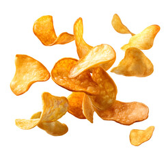 Floating Crispy Potato Chips isolated on transparent background 