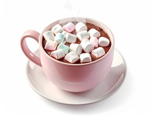 Pink cup of hot chocolate, overflowing with marshmallows, steaming