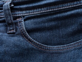 A close-up shot of a blue denim jeans, focusing on the front pocket, belt loop, and contrast stitching.