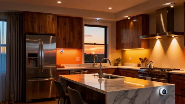 Medium shot capturing a kitchen illuminated by adjustable smart lighting systems reacting to sunset and occupancy sensors