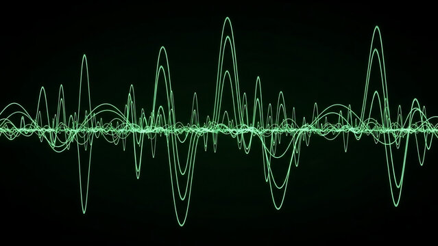 Abstract green waveform sound visualization on a dark background - Powered by Adobe