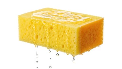 Fresh vibrant yellow kitchen sponge saturated with water drops dripping isolated on white background