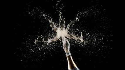 Fototapeta premium Champagne bottle exploding with celebratory splash and droplets against dark background