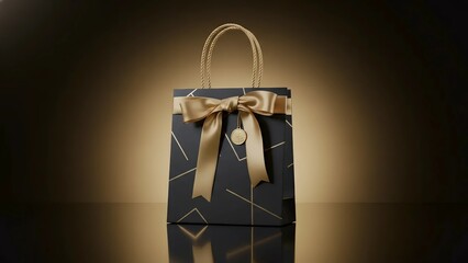 Elegant gift bag with golden ribbon and sophisticated geometric pattern, ready for special occasions.