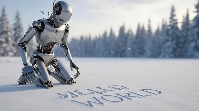 Robots Snowy Message A Futuristic Hello World in Winter.