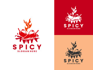 Red chili combination with hot sauce spill and fire logo design vector template. Chili sauce spicy logo design vector icon